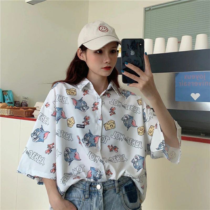 áo sơ mi nữ unisex in hoạt tiết hoạt hình tom and jerry