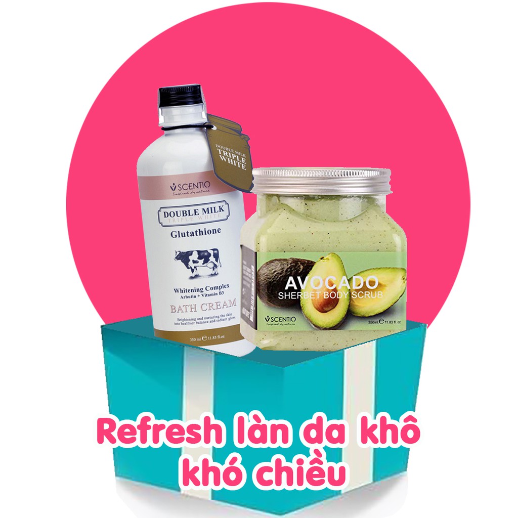 Combo sữa tắm trắng da Double Milk 350ml và Tẩy tế bào chết body làm sáng mịn da Scentio Avocado 350ml