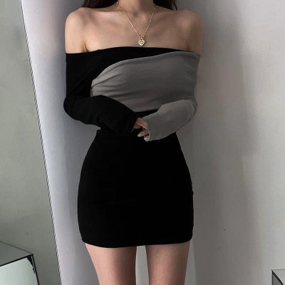 Đầm váy nữ trể vai tay dài phối màu dáng ôm body sang chảnh quyến rũ siêu xinh