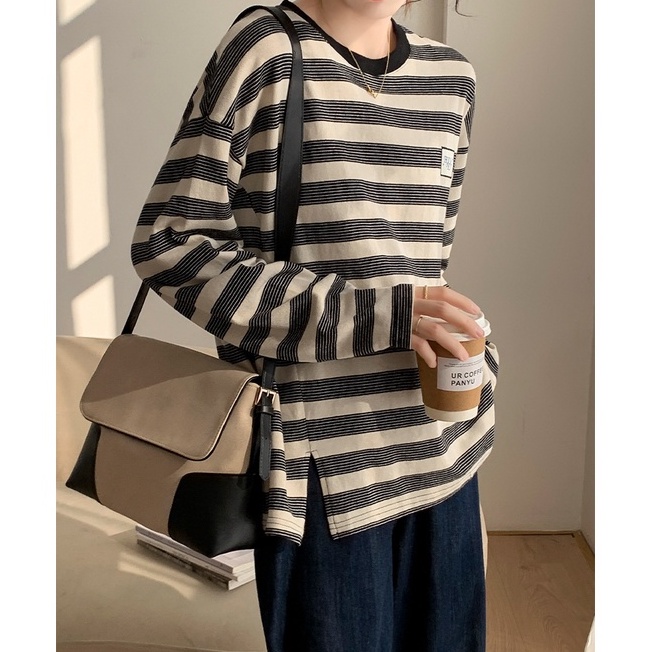 46335 Áo Thun Sọc Dài Tay Xẻ Tà Bên Hông