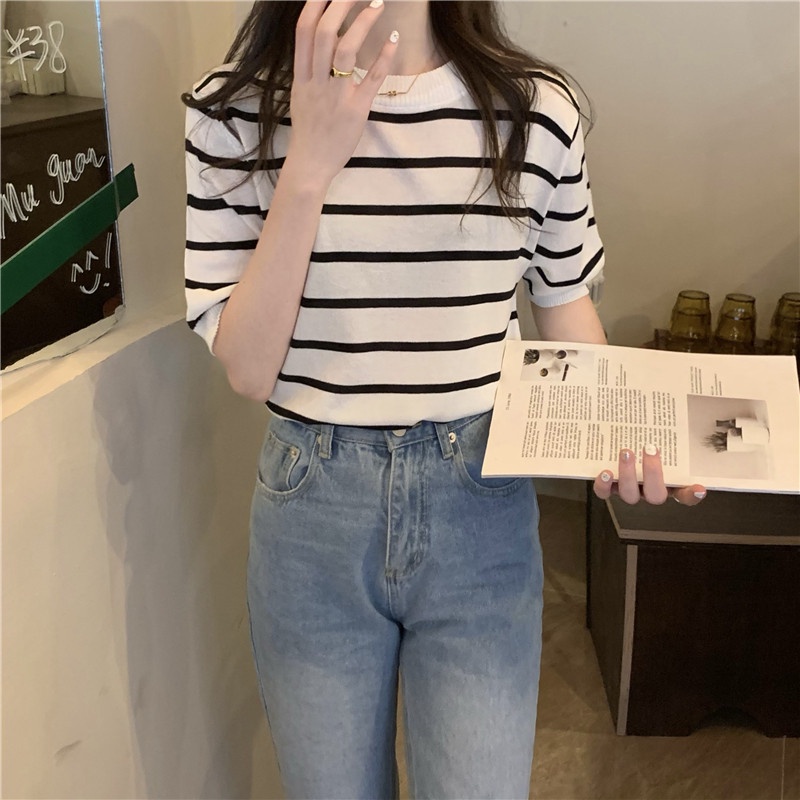 Áo Thun Dệt Kim Tay Ngắn Cổ Tròn Kẻ Sọc 4 Màu Lựa Chọn Phong Cách Hàn Quốc Cho Nữ