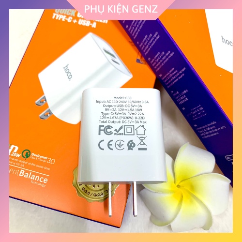 Củ Sạc Nhanh Hoco C80 2 Cổng Sạc USB + Type-C , Chuẩn PD3.0, Công Suất 20W Hỗ Trợ Sạc Nhanh 3A