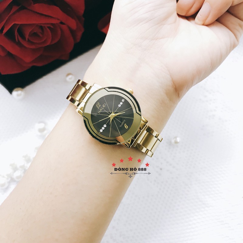 Đồng Hồ Nam Nữ HALEI  Dây Mạ Vàng Cao Cấp HL457 Mặt Đen