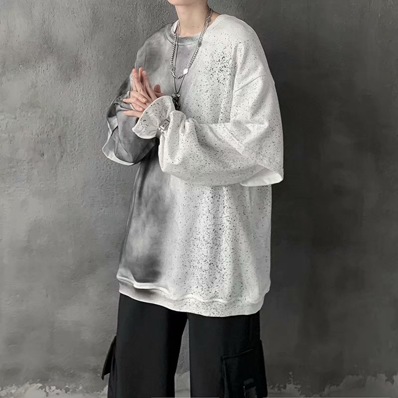 Áo thun cotton dài tay dáng rộng màu gradient giả 2 lớp thời trang harajuku cho nam
