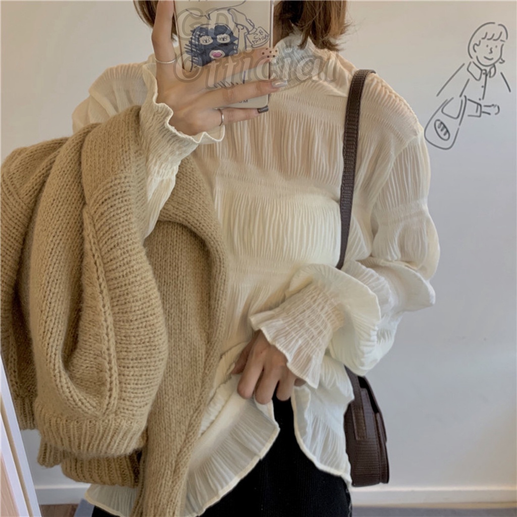 AT1|Áo sơ mi voan cổ cao lọ đứng mặc bên trong áo len tay bèo phồng thun dài ren trắng đen nâu GD Official | BigBuy360 - bigbuy360.vn