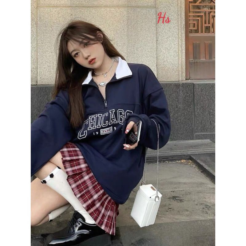 Áo khoác nữ, áo sweater nữ form rộng cổ khóa Chicagoo 1994 dưới 70kg màu xanh đen G062 | BigBuy360 - bigbuy360.vn