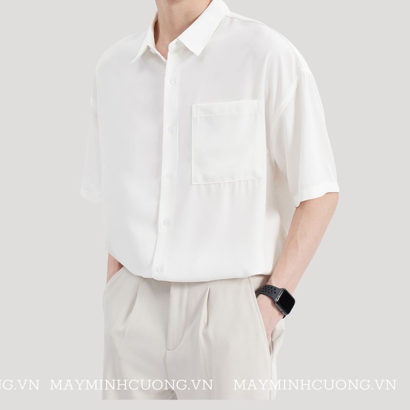 Áo sơ mi nam form rộng unisex, sơmi tay ngắn cổ bẻ, túi ngực vải lụa chống nhăn Mã: STN