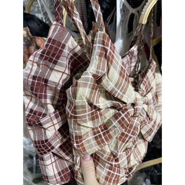 Áo 2 dây nơ hoạ tiết kẻ caro croptop dễ thương hàng QC