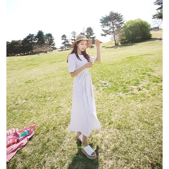 33555   Simple solid round neck short sleeves midi dress