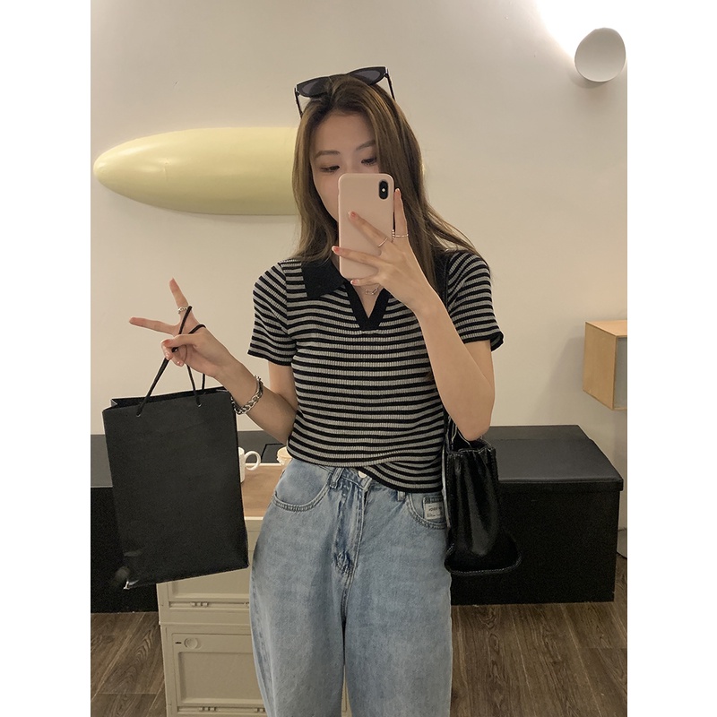 Áo thun polo QADCOL ngắn tay họa tiết kẻ sọc màu tương phản phong cách Hàn Quốc cho nữ