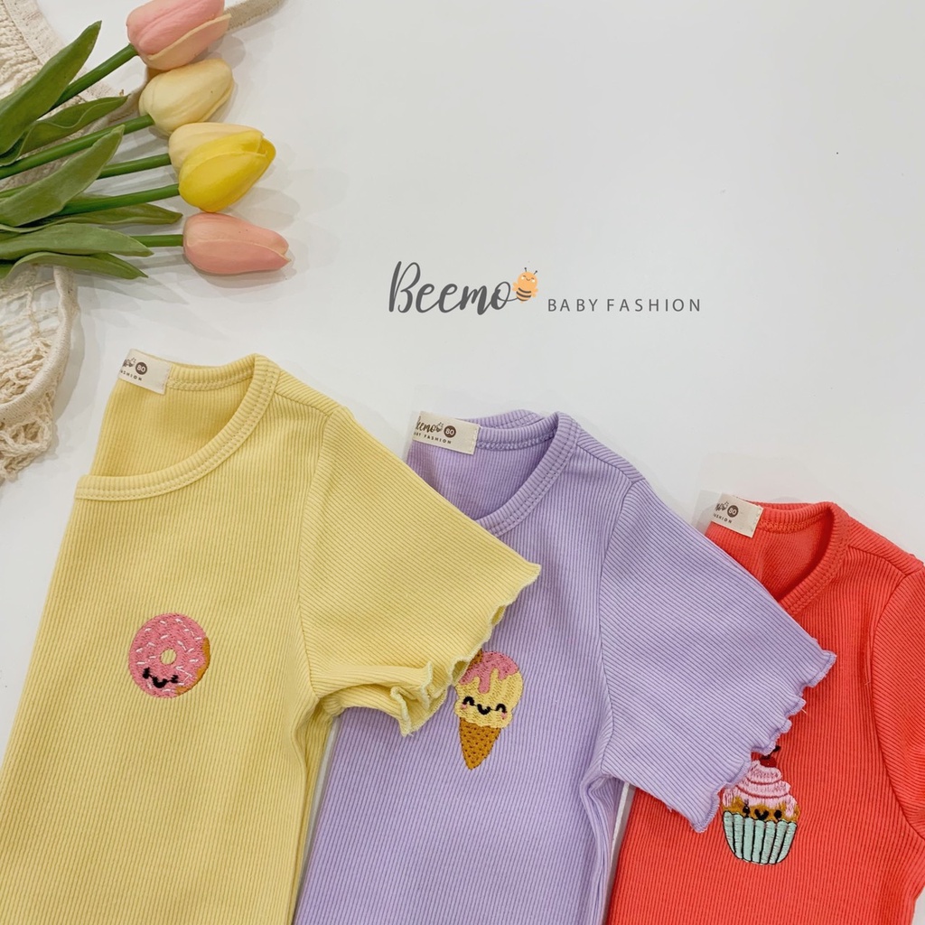 Bộ Cộc Thun Tăm Bé Gái Beemo Thêu Ngực Xoăn Biên Mềm Mại Màu Trơn Cực Sang