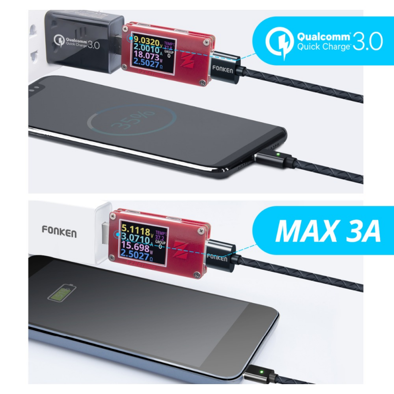 Dây Cáp Sạc FONKEN Hỗ Trợ Sạc Nhanh 3A Đầu Nam Châm Micro USB Dành Cho Android Iphone Type C
