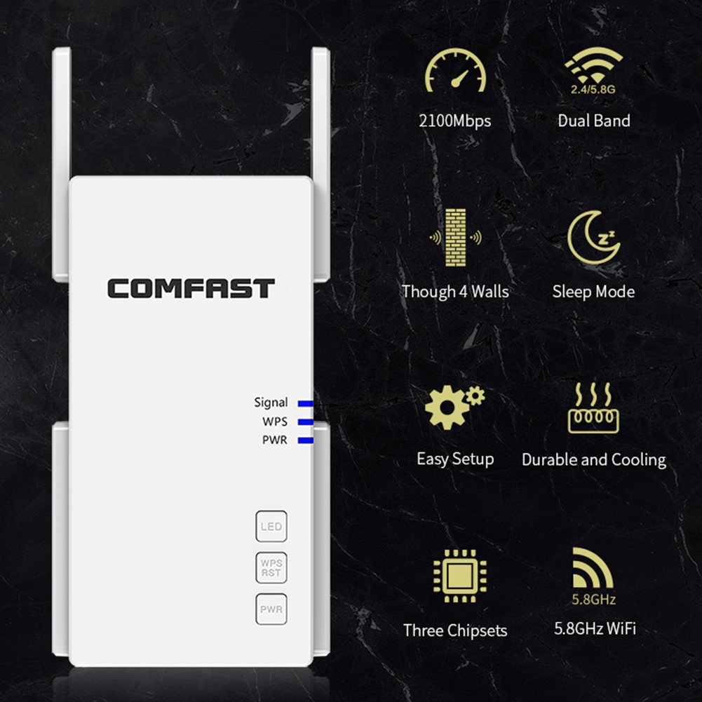 2100Mbps Gigabit Băng tần kép 2,4 & 5,8 GHz Bộ lặp tín hiệu WiFi không dây Bộ tăng cường tín hiệu 4 * 3dBi Anten