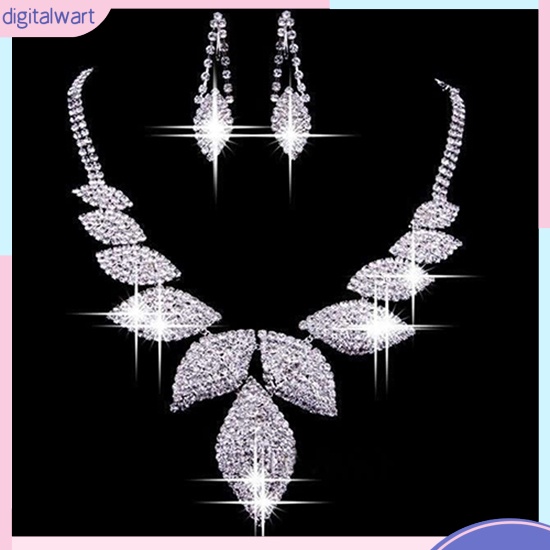 Bộ dây chuyền và cặp khuyên tai thiết kế hình lá đính đá sang trọng cho nữ