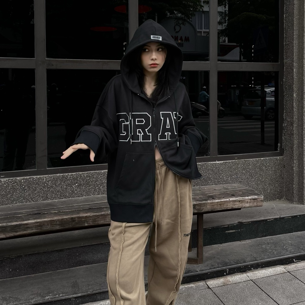 Áo HOODIE ZIP Màu Đen Basic Graw - Đen