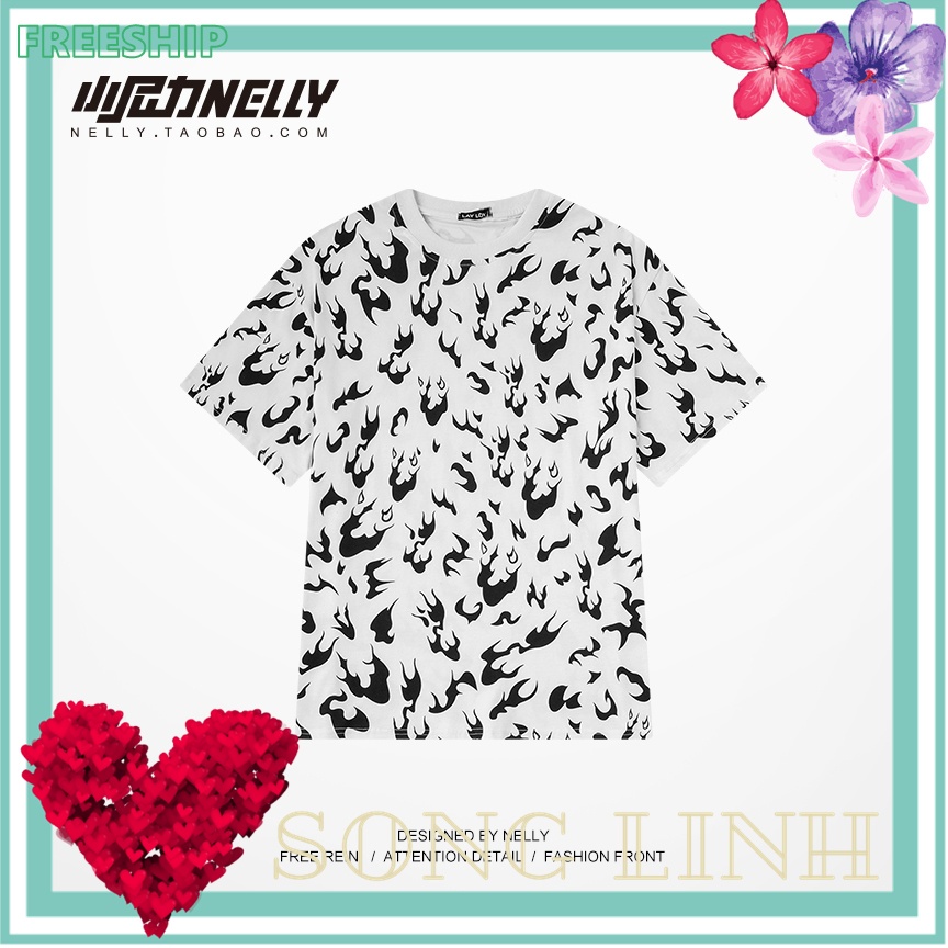 Áo thun Nelly - Heybig : Mẫu HỌA TIẾT NGỌN LỬA ĐEN TRẮNG