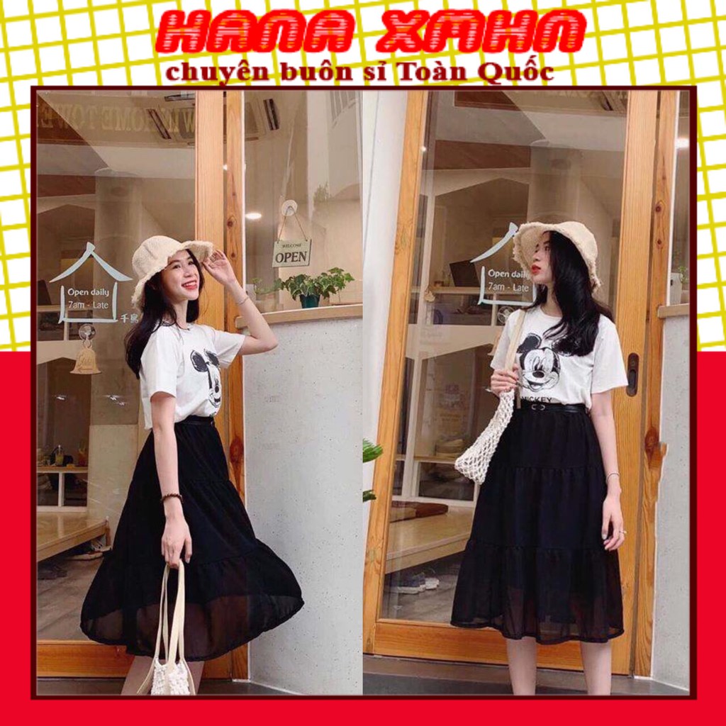Set Trang Phục Nữ Áo Phông Chất Cotton In Hình Mickey+Chân Váy Xòe Voan Cực Xinh_Đi Học Đi Chơi Cực Xinh