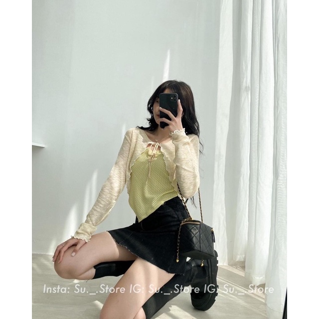 Set áo len khoác cardigan mỏng kiểu buộc nơ - màu pastel xinh iu - CÓ TÁCH RỜI