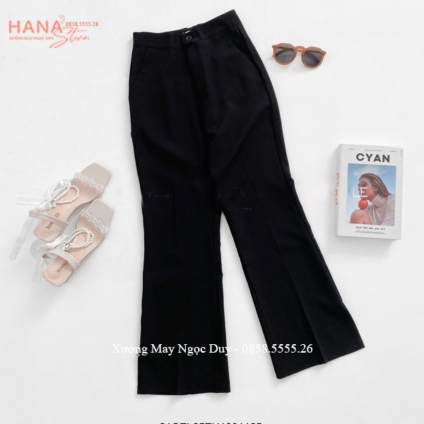 Quần tây ống loe lưng cao 1 cúc công sở đi học hẹn hò hack dáng quần ống loe cạp cao ống rộng dài vải Vitex dày màu đen