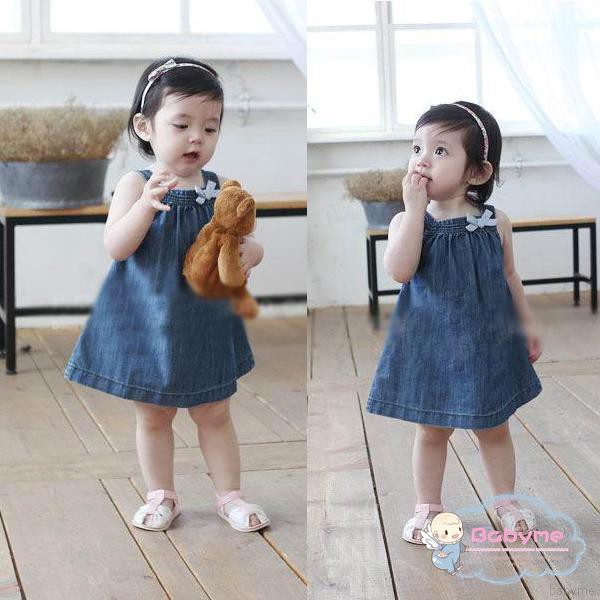 Đầm yếm denim thắt nơ dễ thương cho bé gái 0-3 tuổi