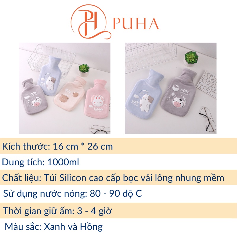 Túi chườm nóng đau bụng kinh Puha 1000ml, sưởi ấm giữ nhiệt đa năng tiện ích, món quà tặng bạn gái