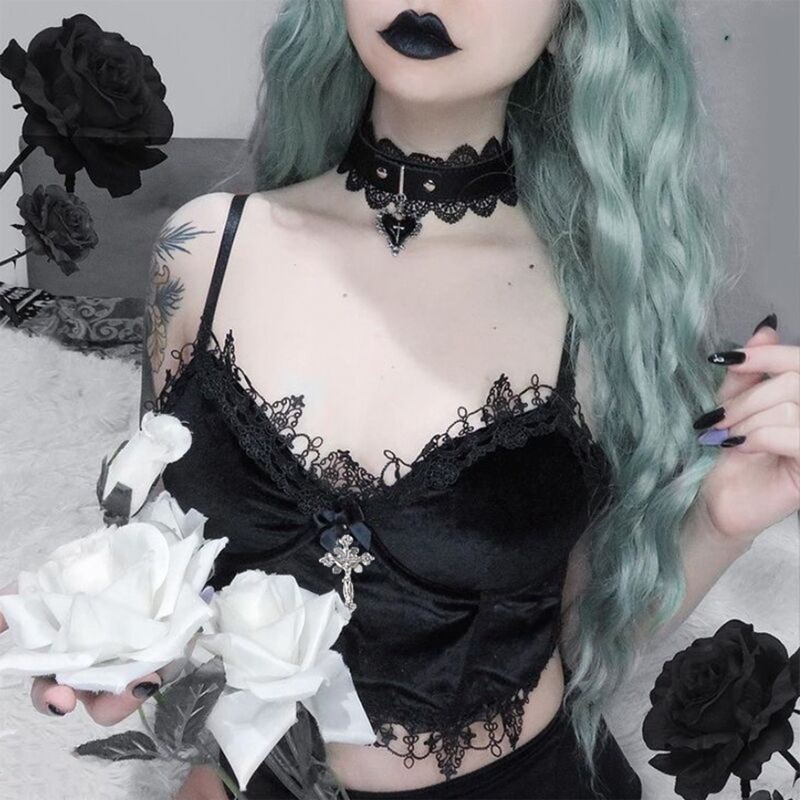 Áo Croptop Hai Dây Nhung Đen Cổ Chữ V Khoét Sâu Phối Ren Phong Cách Gothic Harajuku Gợi Cảm Cho Nữ