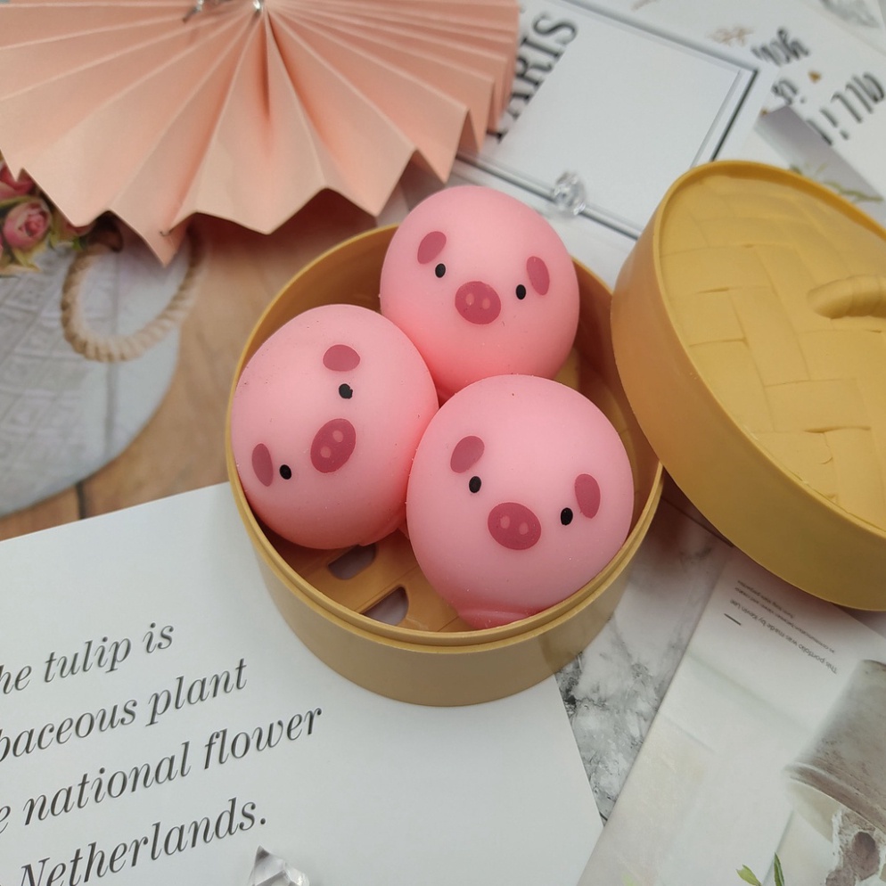 3 chiếc bánh bao màn thầu squyshi bánh chưng mềm mại hộp heo trắng thỏ hồng xinh xắn đáng yêu