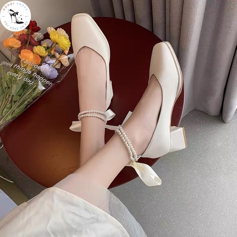 Giày búp bê mũi vuông quai ngọc mix dây thắt nơ phong cách tiểu thư thời trang
