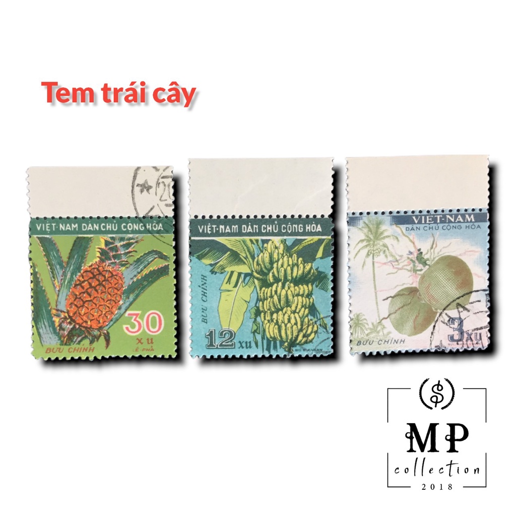 Bộ 3 tem sưu tập trái cây nhiệt đới VNDCCH dừa, thơm, chuối.