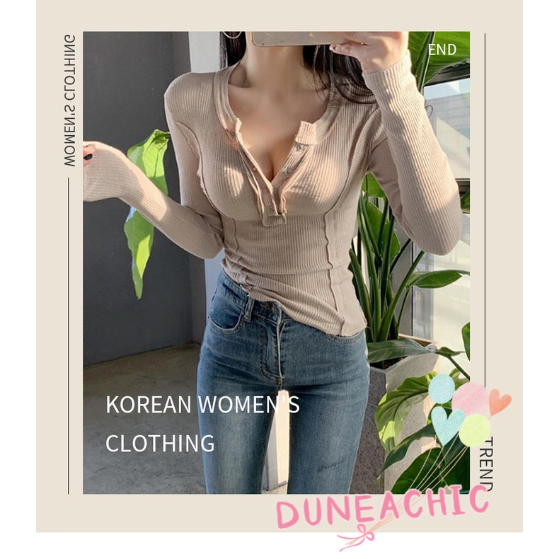 DUNEA Áo Thun Nữ Tay Dài Cổ Cao Hở Lưng Quyến Rũ