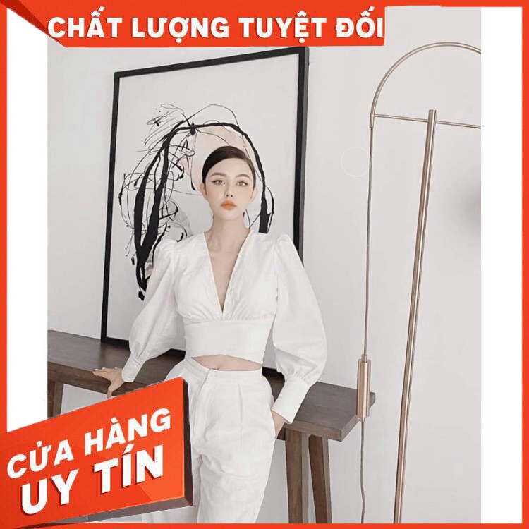HÀNG NHẬP KHẨU - Áo croptop dài tay cổ V tà đắp chéo thắt nơ lưng (ĐEN + TRẮNG) - Hàng Nhập Khẩu GIÁ NỘI ĐỊA