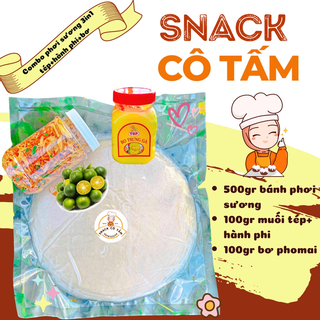 Combo bánh tráng phơi sương 500gr + muối tép hành phi giòn 100gr + bơ phomai 100gr tặng quất hút chân không thơm ngon