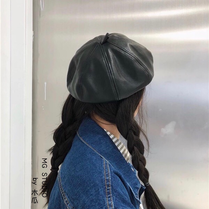 Mũ nồi da họa sĩ màu đen phong cách retro thời trang thu đông cho nữ