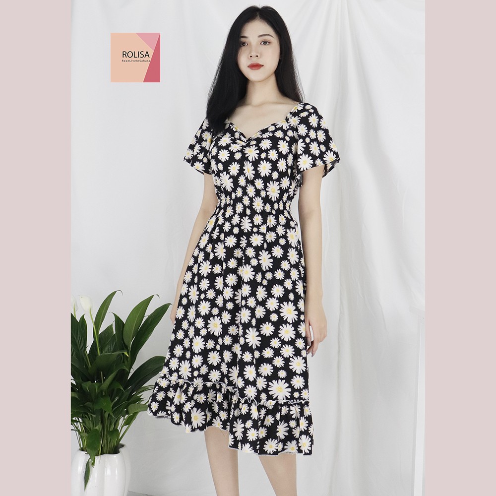 [Mã SKAMSALEP6 giảm 10% tối đa 100K đơn 150K] Đầm váy nữ hoa cúc hot trend, dáng xoè, dễ thương, dạo phố Rolisa RD050