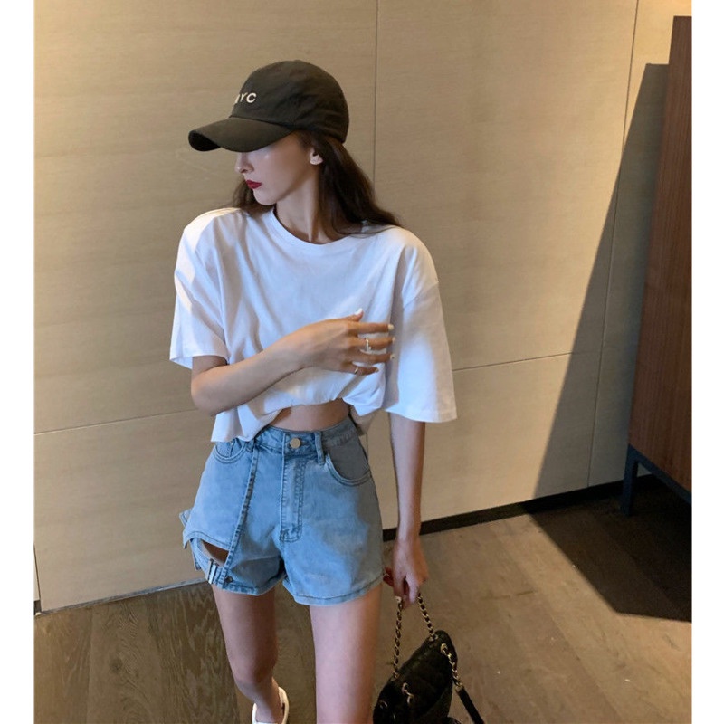 Quần Short Denim Lưng Cao Thiết Kế Không Đồng Đều Cá Tính Thời Trang