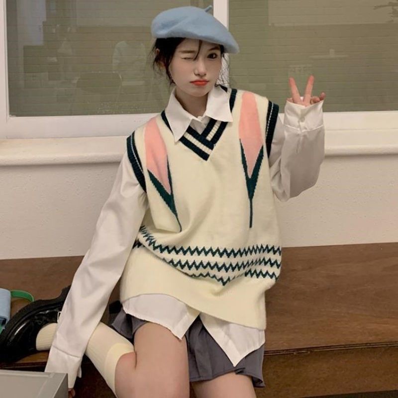 Áo len không tay cổ chữ V màu sắc tương phản phong cách Hàn Quốc