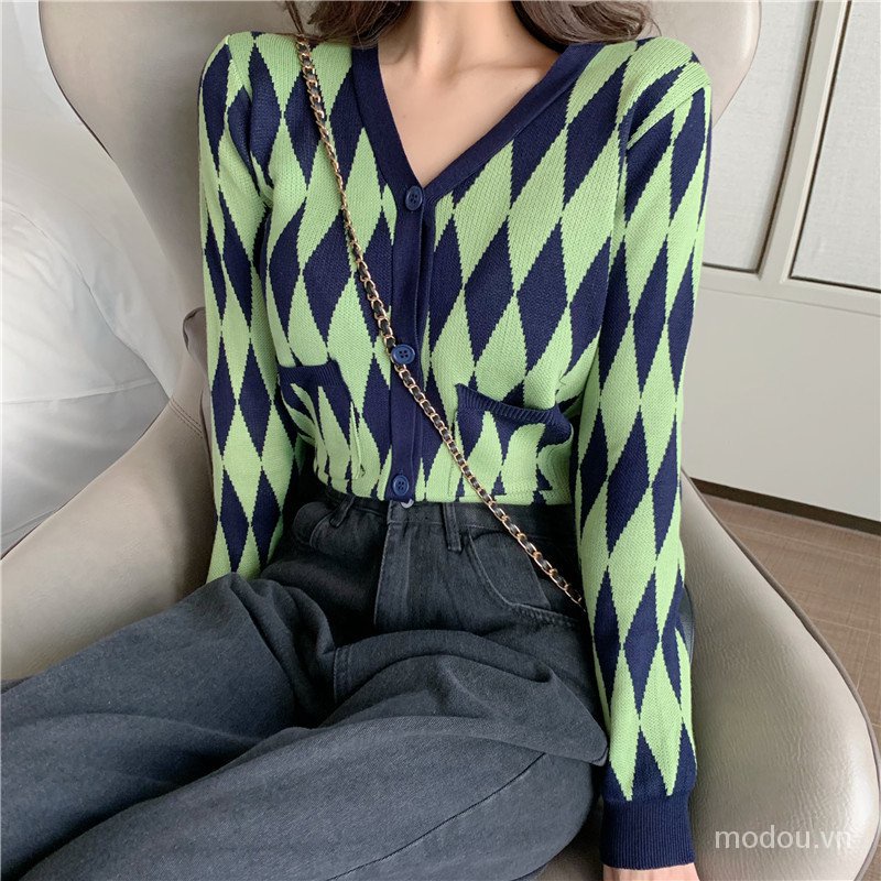 Áo Khoác Cardigan Dệt Kim Tay Dài Cổ Chữ V