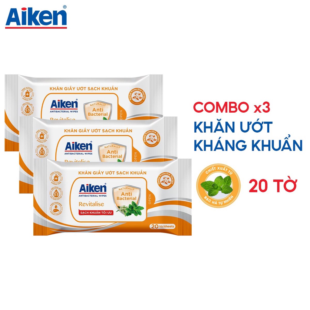 Combo 3 khăn ướt sạch khuẩn Aiken chiết xuất bạc hà 20 tờ / gói