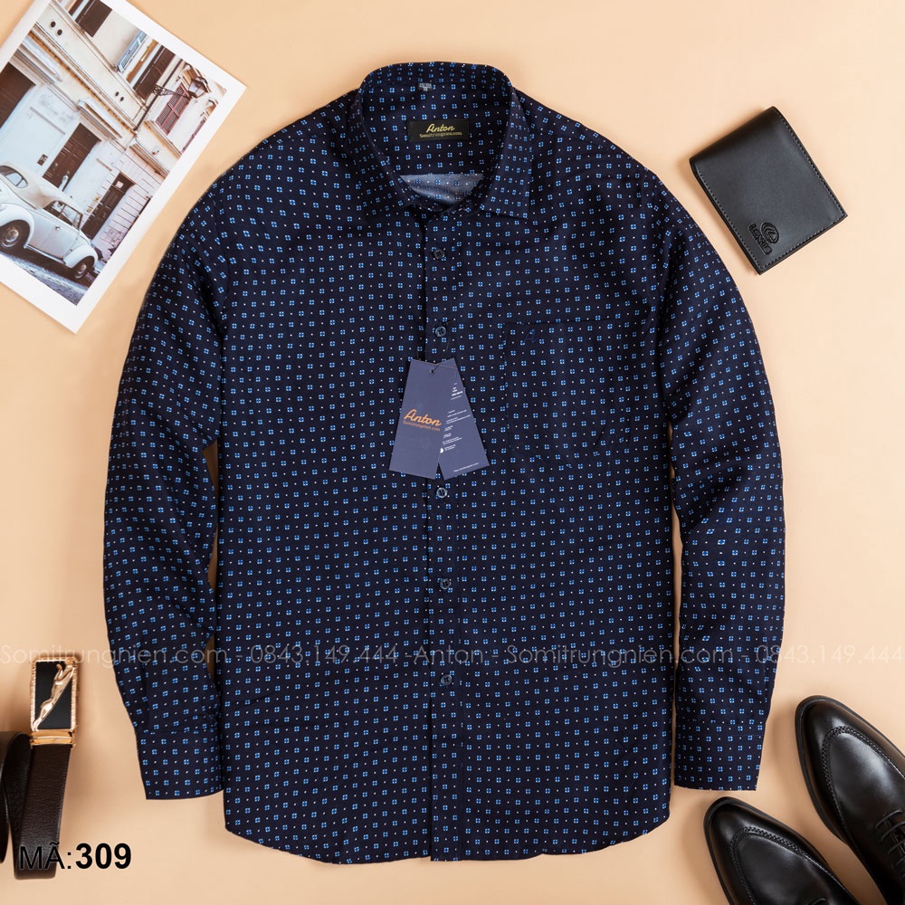 Áo Sơ Mi Nam Công Sở Trung Niên Anton Somianton Dài Tay Xanh Tím Than Vải Cotton Chấm Bi Nhỏ Màu Xanh – X309