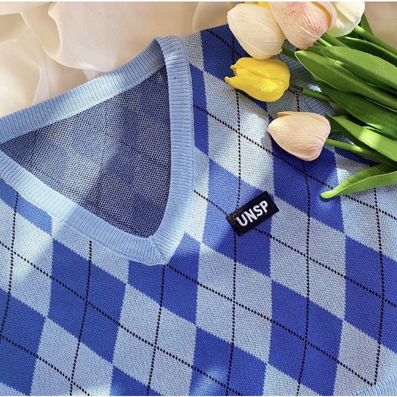 [Ảnh thật ở cuối 👍] Áo len gile croptop, họa tiết caro xanh dương phong cách hàn quốc trẻ trung, năng động freesize | BigBuy360 - bigbuy360.vn