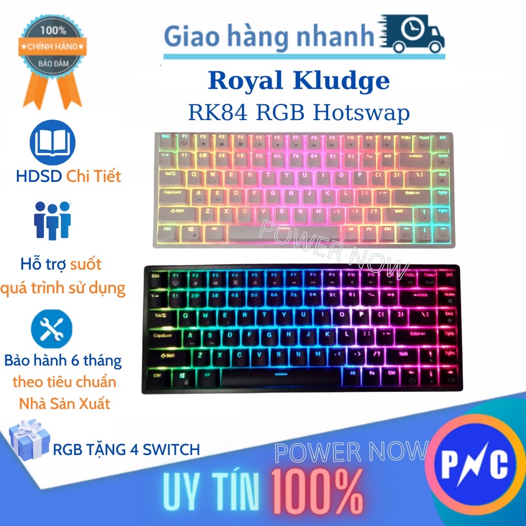 Bàn Phím Cơ Không Dây Royal Kludge RK84 RGB & Đơn Sắc  HOTSWAP. Ba Chế Độ Bluetooth 5.0/ Wifi – Kèm USb Receiver/ Có Dây