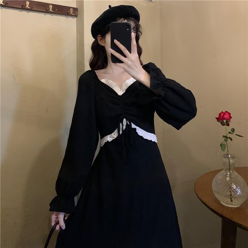 Đầm Nữ Phối Ren Dáng Ôm Phong Cách Retro Hàn Quốc Dễ Thương