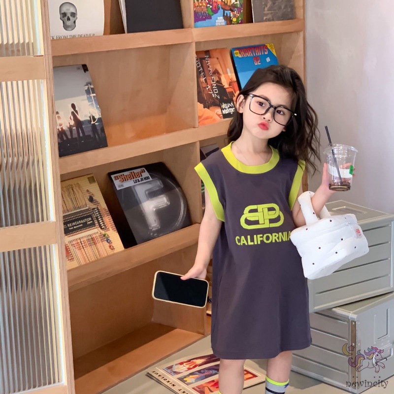 Đầm Sát Nách Chất Liệu Cotton Phối Màu Thời Trang Hàn Quốc Cho Bé Gái