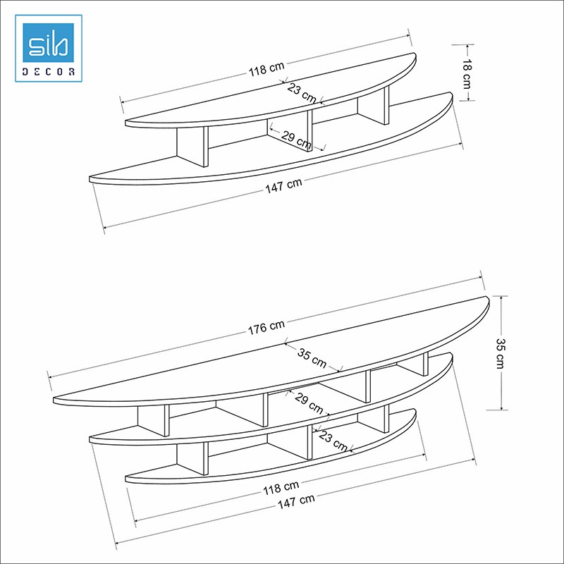 Combo 2 Kệ Gỗ Trang Trí Treo Tường Trên Và Dưới Tivi Hình Cung Tròn Màu Trắng Thương Hiệu SIB Decor