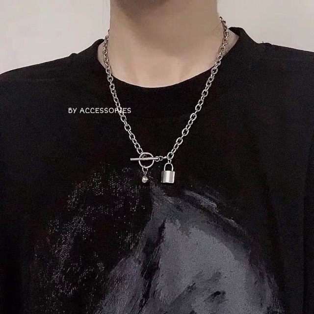 Dây chuyền titan unisex xích phối mặt ổ khoá bi tròn không gỉ