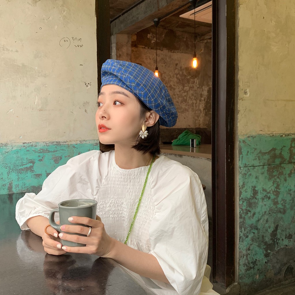 Mũ Beret Mỏng Thoáng Khí Kẻ Sọc Caro Ngọt Ngào Dễ Thương Phong Cách Retro Nhật Bản Cho Nữ