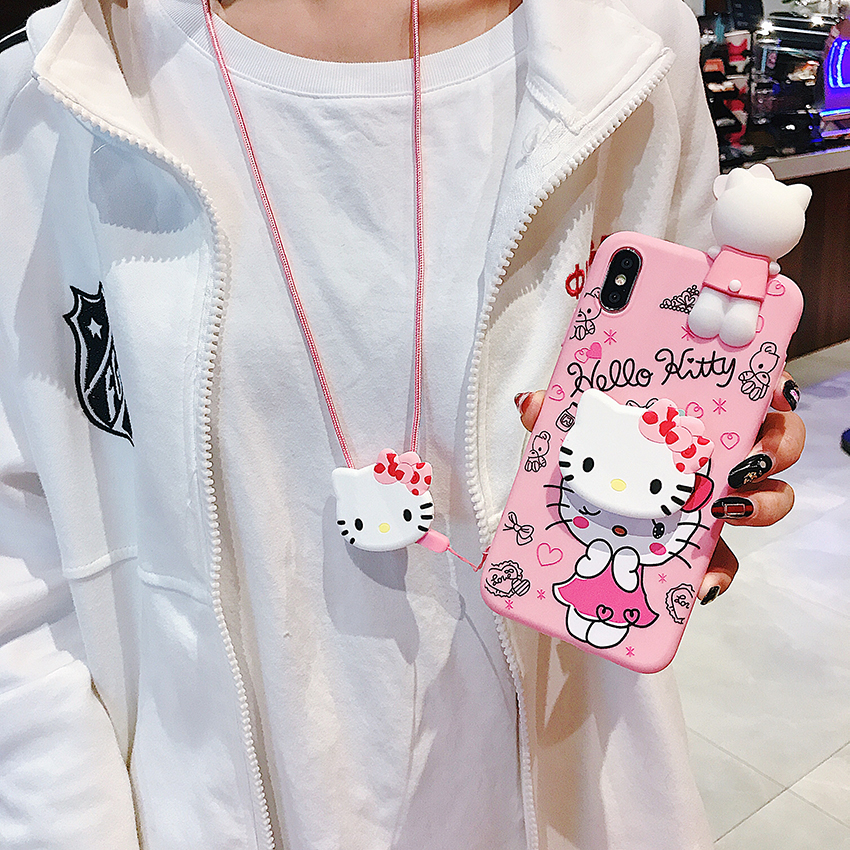 Hộp đựng điện thoại Hello Kitty màu hồng cho Xiaomi POCO M3 10T 10T Pro 5G POCO X3 X3 NFC Hoạt hình dễ thương 3D Kitty Cat Chủ sở hữu chân đế Dây buộc Vỏ bọc silicon mềm
