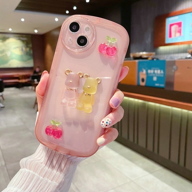 Casing Realme 11 C30 C35 C21Y C25Y 9i C17 7I C11 C15 5 5s 5i 7i 2 Pro U1 C17 C21Y C25Y Narzo 50A C1 2020 Prime Cute Cartoon Crystal Cherry Bear Round Edge Airbag Shockproof Lens Protection Candy Colors Tpu Clear Phone Case Cover NKS 05