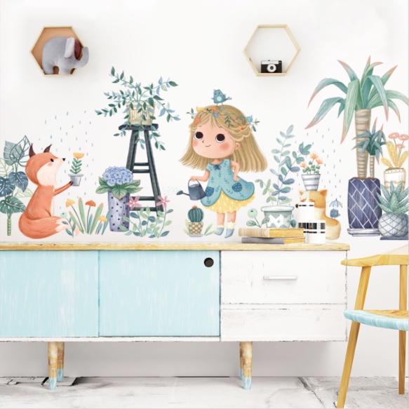 Decal trang trí tường - Cô gái nhỏ đang tưới cây