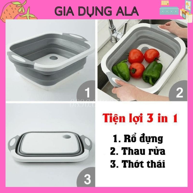 Chậu Gấp Gọn Kiêm Thớt Đa Năng, Rổ Đa Năng Gấp Gọn, Thớt Kèm Chậu 3in1